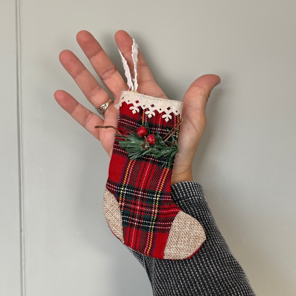 vintage Mini Plaid Christmas Stocking Ornament